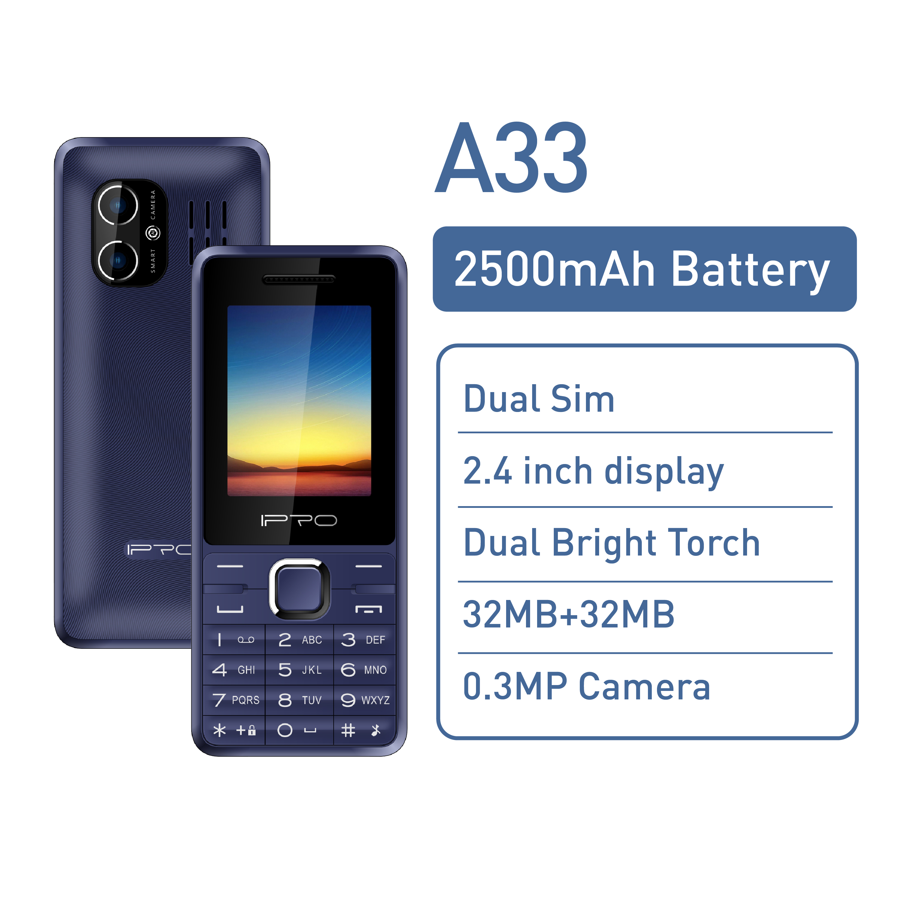 New product recommendation IPRO A33 2500mAh large capacity battery feature phone 2.4 inch dual SIM 2G feature phone