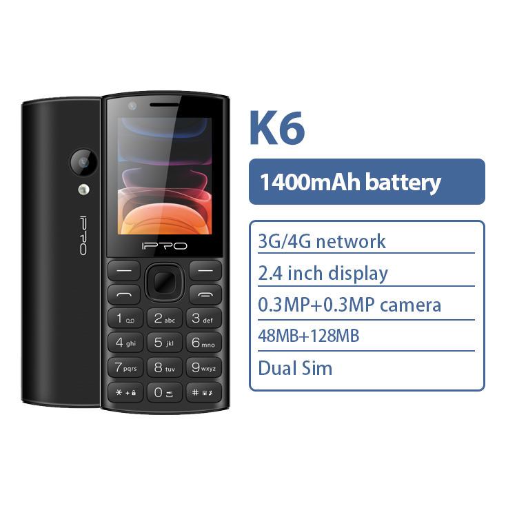 IPRO new K6 4G feature phone 1400mAh battery 2.4 inch dual SIM 4G advanced keyboard phone